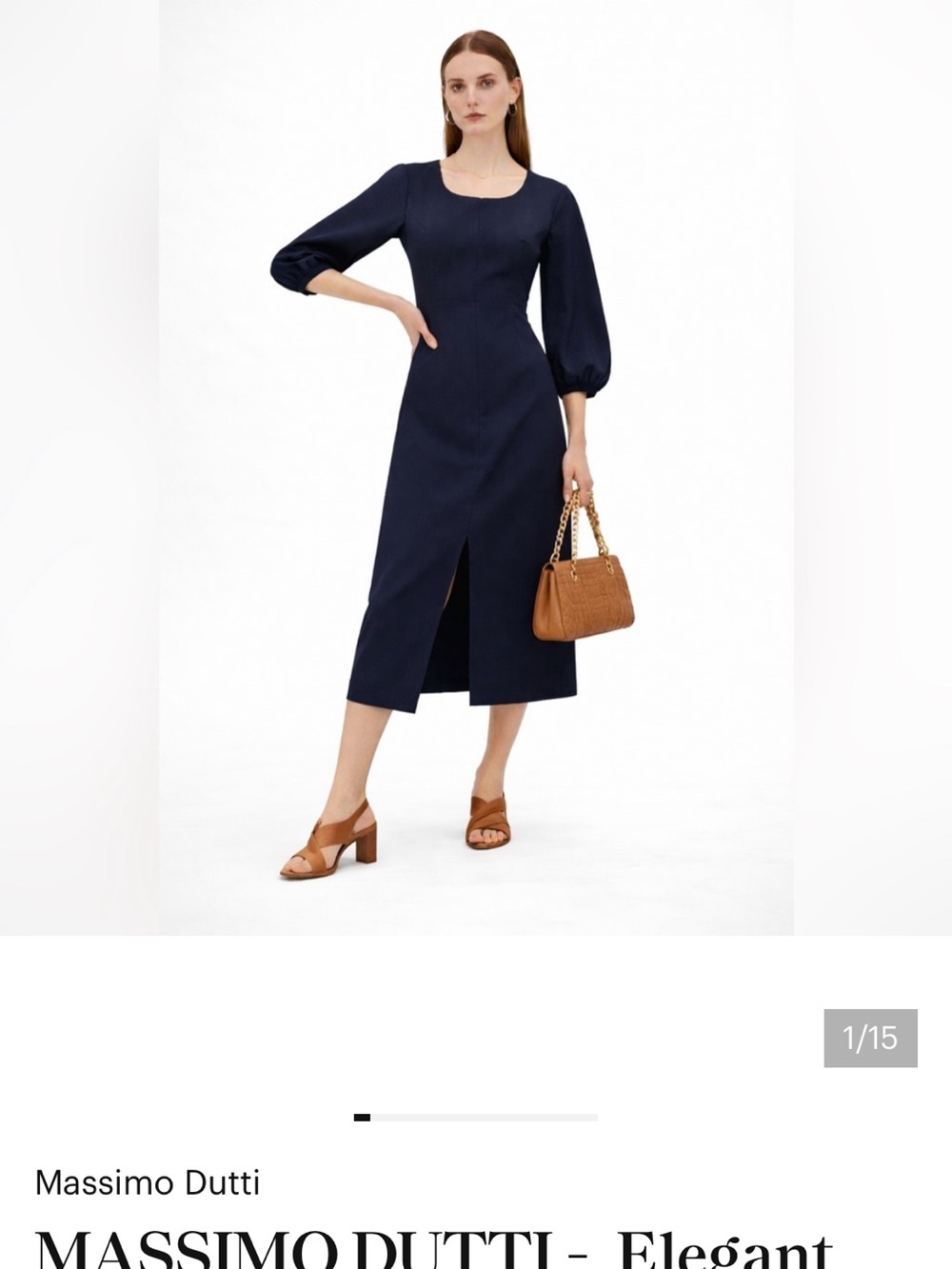 Massimo Dutti Navy Square-Neck Midi Dress with Puff Sleeves